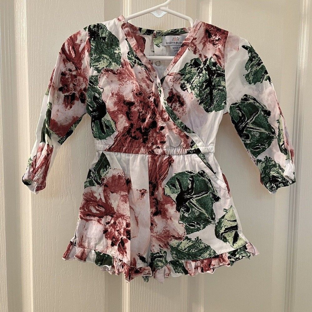 Bailey's Blossoms Floral Romper Long Sleeve Shorty Pockets Girls Size 2T